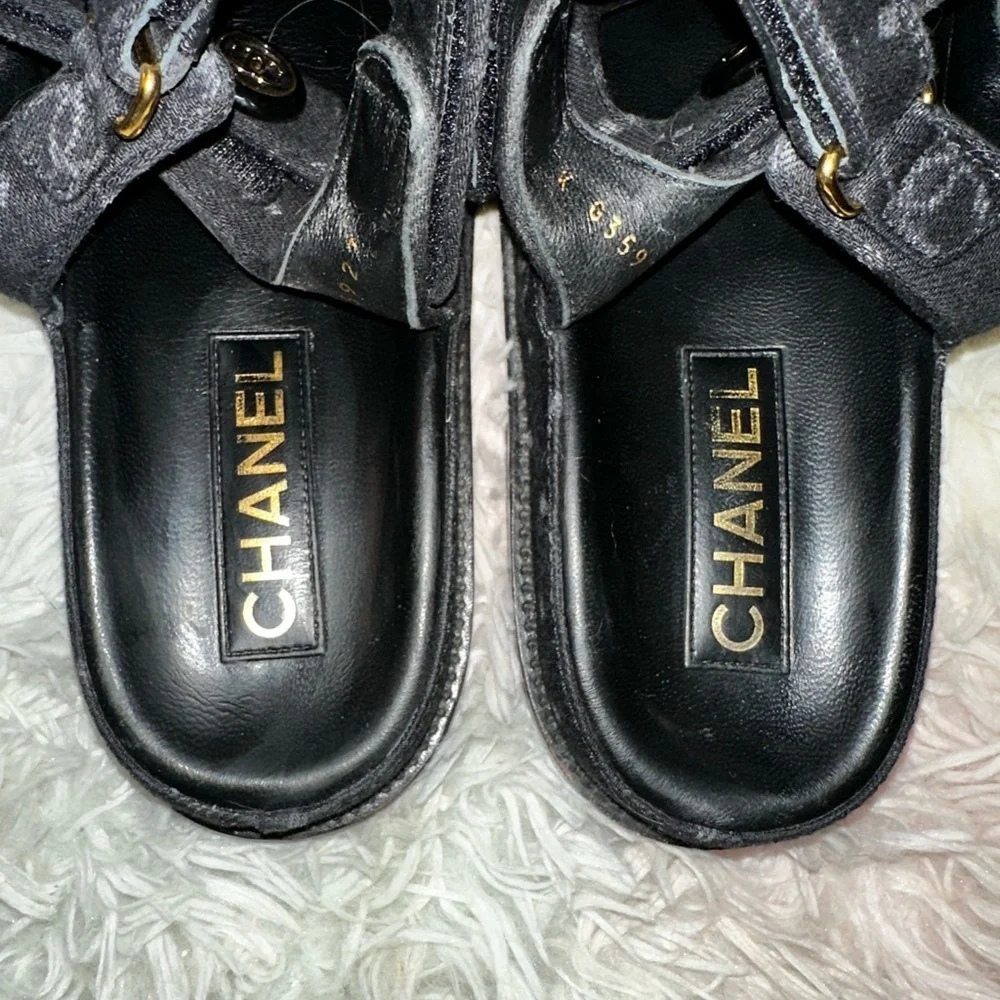 Authentic Chanel CC Logo Slingback Dad Sandals in Black Denim Size 39 - Picture 10 of 16